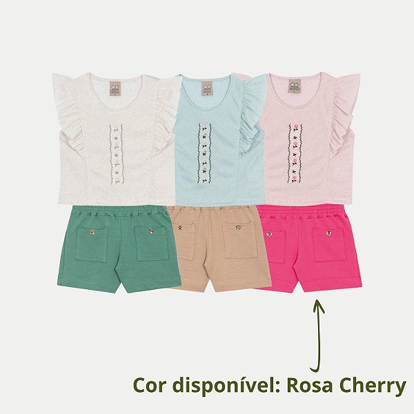 CONJUNTO VERÃO RANDA MUNDU SHORT E BLUSA MANGA CURTA  MALHA ROSA FEMININO INFANTIL