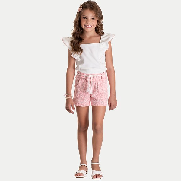 CONJUNTO VERÃO RANDA MUNDU SHORT E BLUSA MANGA CURTA MALHA ROSA FEMININO INFANTIL