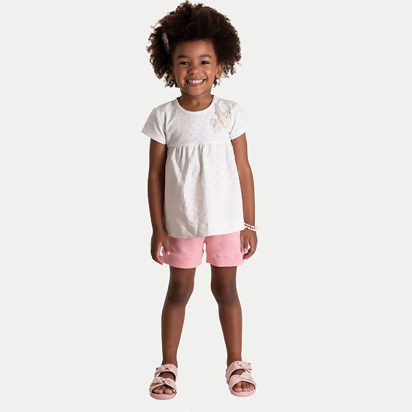 CONJUNTO VERÃO RANDA MUNDU SHORT E BLUSA MANGA CURTA ROSA FEMININO INFANTIL