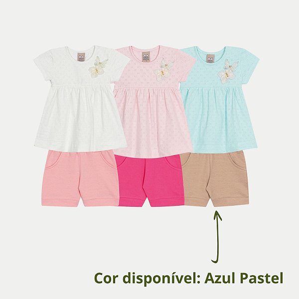 CONJUNTO VERÃO RANDA MUNDU SHORT COM BLUSA MANGA CURTA AZUL PASTEL FEMININO INFANTIL