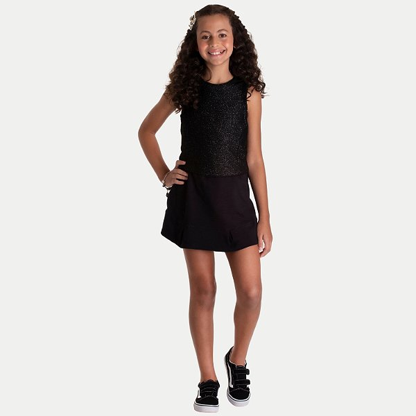 CONJUNTO VERÃO RANDA MUNDU SHORT SAIA E BLUSA REGATA PRETO FEMININO INFANTIL