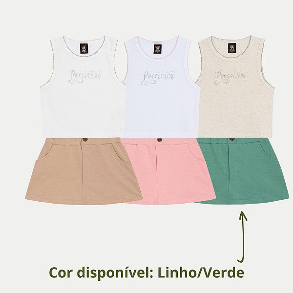 CONJUNTO VERÃO RANDA MUNDU SHORT SAIA E BLUSA REGATA VERDE FEMININO INFANTIL