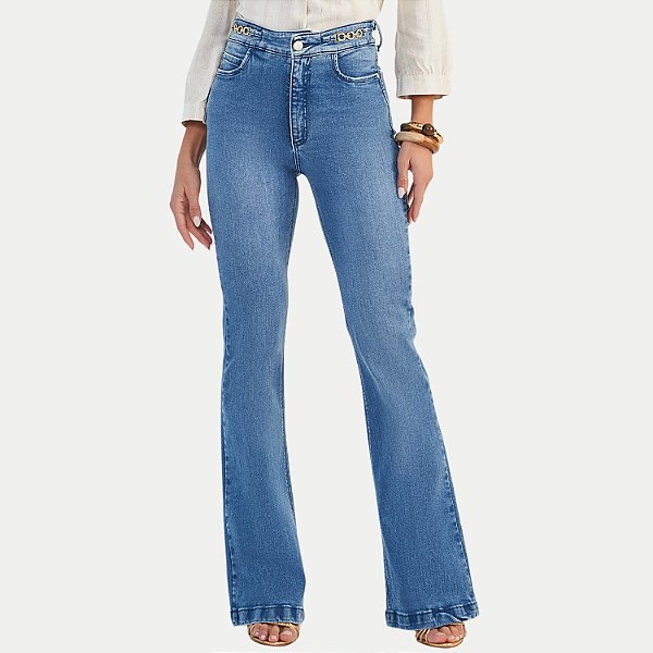 CALÇA DOCE TRAMA JEANS MÉDIO COM ELASTANO FLARE FEMININA ADULTO
