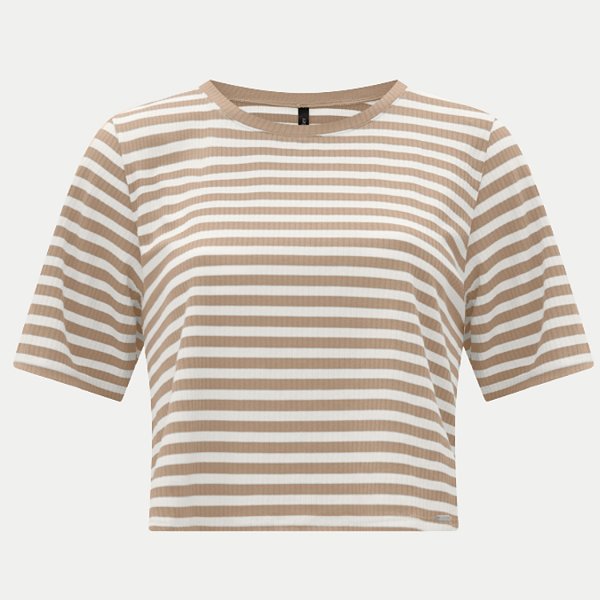 BLUSA LUNENDER MANGA CURTA DE  VISCOLYCRA LISTRADA BEGE FEMININA ADULTO