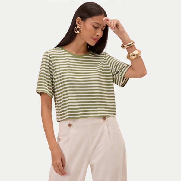 BLUSA LUNENDER MANGA CURTA DE VISCOLYCRA LISTRADA VERDE FEMININA ADULTO