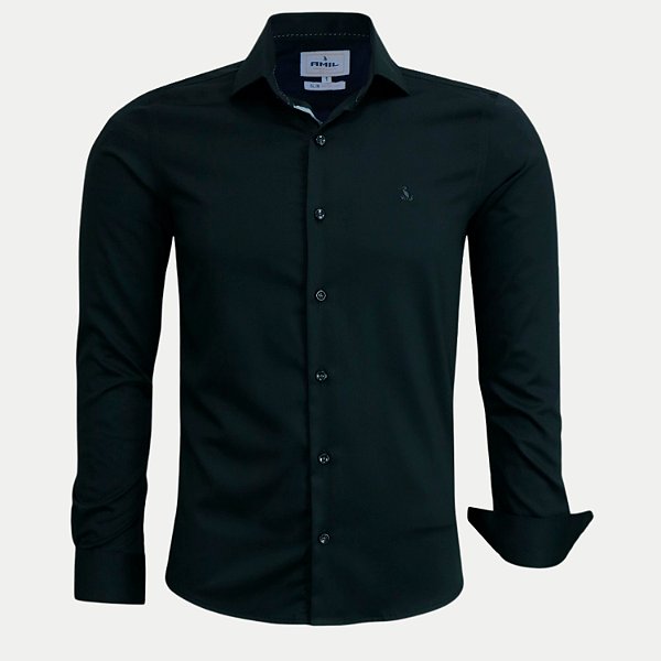 CAMISA AMIL MANGA LONGA SLIM MISTA LISA SEM BOLS PRETA MASCULINO