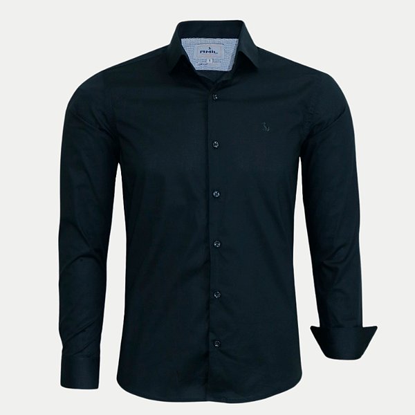 CAMISA AMIL MANGA LONGA COMFORT ALGODÃO COM ELASTANO LISA PRETO MASCULINO ADULTO