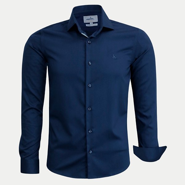 CAMISA AMIL MANGA LONGA SLIM MISTA LISA SEM BOLSO AZUL MARINHO MASCULINO ADULTO