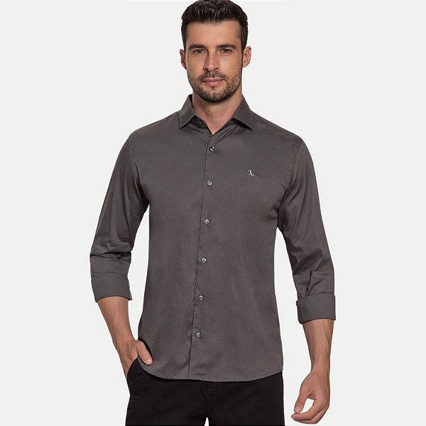 CAMISA AMIL MANGA LONGA COMFORT ALGODÃI COM ELASTANO LISA CHUMBO MASCULINA