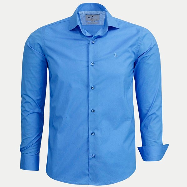 CAMISA AMIL MANGA LONGA COMFORT ALGODÃO COM ELASTANO LISA AZUL MASCULINO ADULTO
