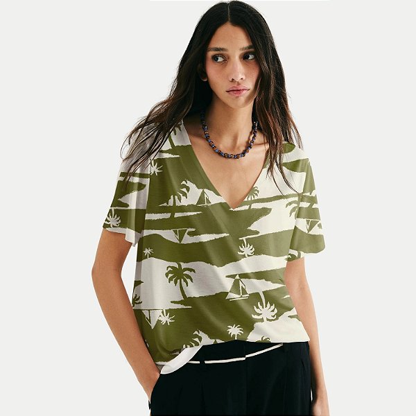BLUSA HERING MANGA CURTA VISCOSE ESTAMPADA VERDE FEMININA ADULTO
