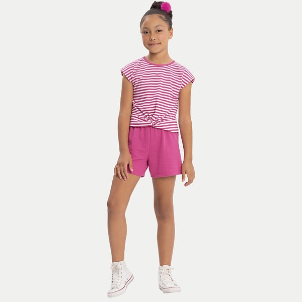 CONJUNTO VERÃO ALAKAZOO SHORT E BLUSA MANGA CURTA ROSA FEMININO INFANTIL