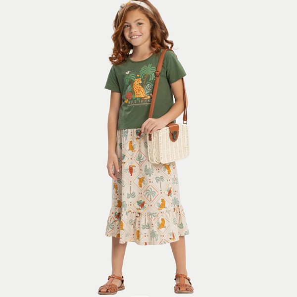 CONJUNTO VERÃO ALAKAZOO SAIA MIDI E BLUSA MANGA CURTA FEMININO INFANTIL