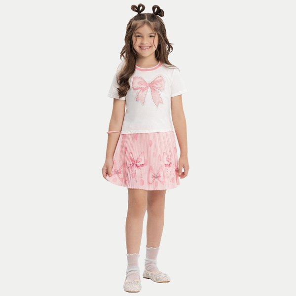 CONJUNTO VERÃO ALAKAZOO SAIA E BLUSA MANGA CURTA OFFWHITE COM ROSA FEMININO INFANTIL