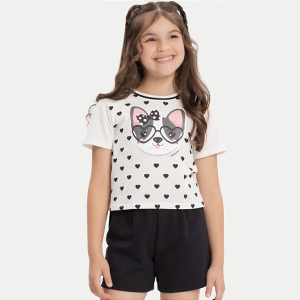 CONJUNTO VERÃO ALAKAZOO SHORT E BLUSA MANGA CURTA PRETO FEMININO INFANTIL