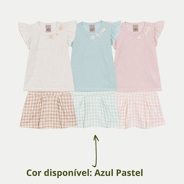 CONJUNTO VERÃO RANDA MUNDU SAIA E BLUSA MANGA CURTA  AZUL PASTEL FEMININO INFANTIL