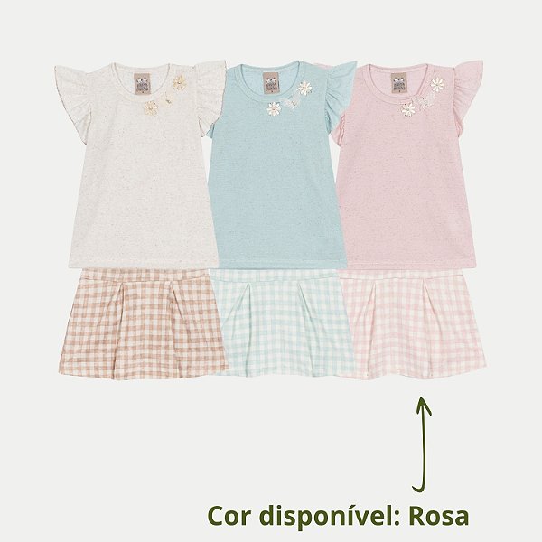CONJUNTO VERÃO RANDA MUNDU SAIA E BLUSA MANGA CURTA  ROSA FEMININO INFANTIL