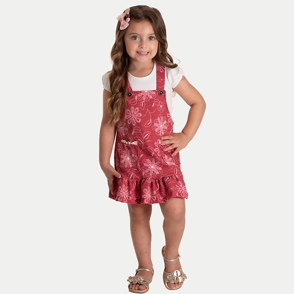 CONJUNTO VERÃO RANDA MUNDU SALOPETE E BLUSA MANGA CURTA VERMELHO FEMININO INFANTIL