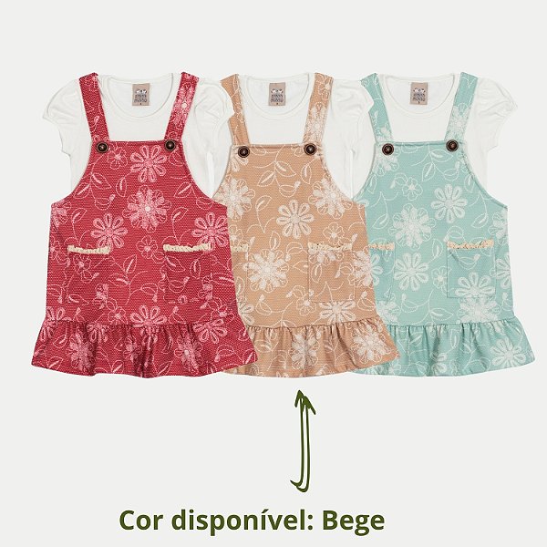 CONJUNTO VERÃO RANDA MUNDU SALOPETE E BLUSA MANGA CURTA BEGE FEMININO INFANTIL