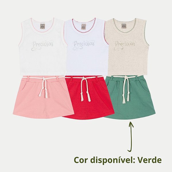 CONJUNTO VERÃO RANDA MUNDU SAIA E BLUSA REGATA VERDE FEMININO INFANTIL