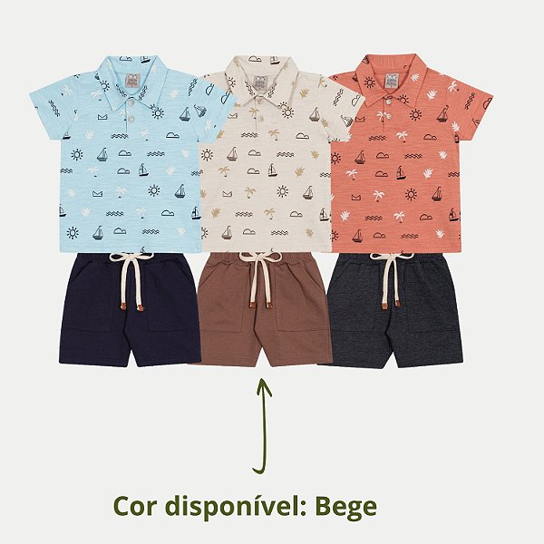 CONJUNTO VERÃO RANDA MUNDU BERMUDA E POLO BEGE MASCULINO INFANTIL