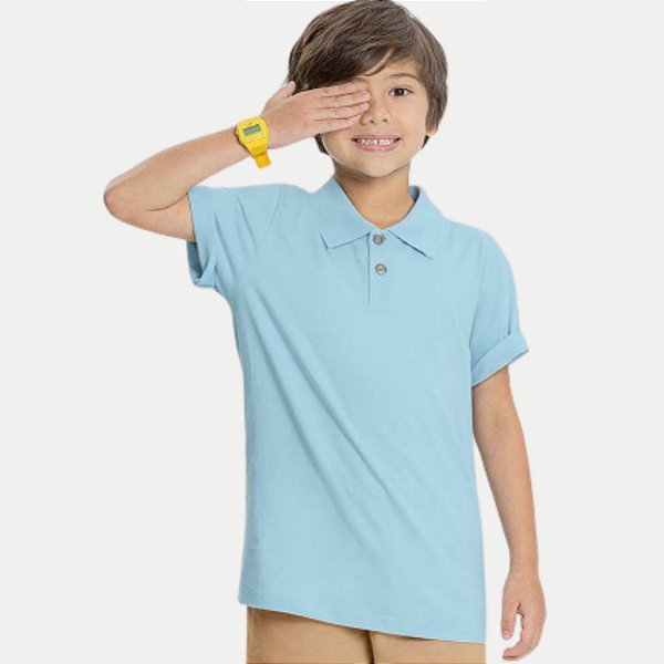 POLO ALAKAZOO MANGA CURTA COMFORT ALGODÃO LISA AZUL MASCULINO INFANTIL