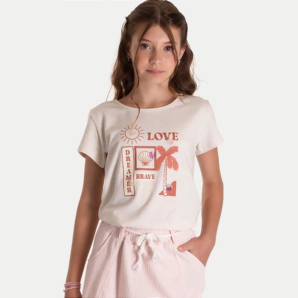 BLUSA RANDA MUNDU MANGA CURTA COTTON SILKADA LINHO BEGE FEMININA INFANTIL