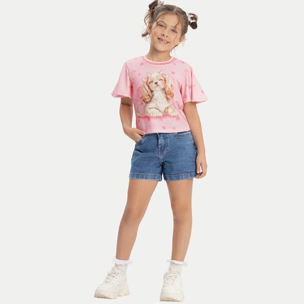 BLUSA ALAKAZOO MANGA CURTA DE MALHA ESTAMPADA ROSA FEMININA INFANTIL