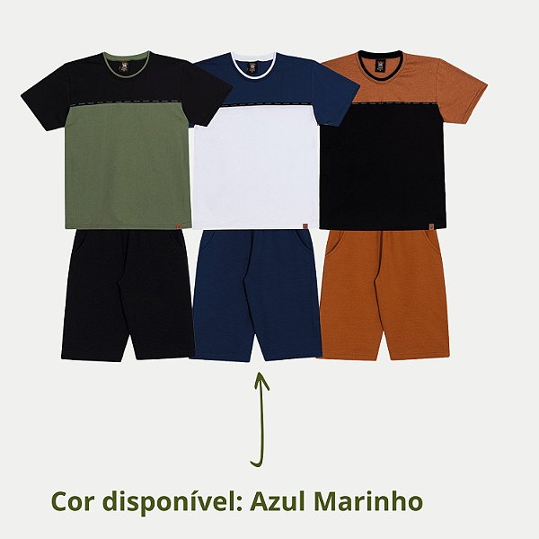 CONJUNTO VERÃO RANDA MUNDU BERMUDA E CAMISETA AZUL MARINHO MASCULINO INFANTIL
