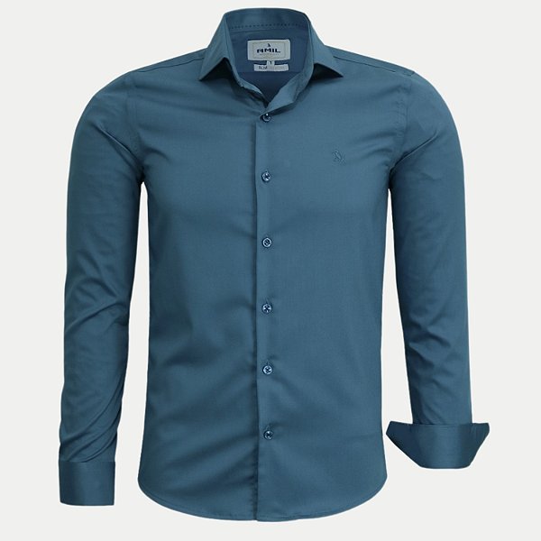 CAMISA AMIL MANGA LONGA SLIM MISTA LISA SEM BOLSO PETROLEO MASCULINO ADULTO