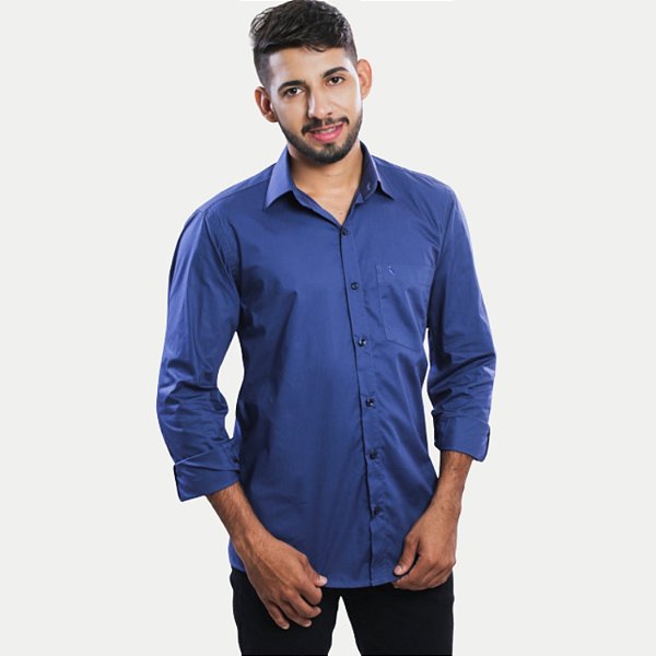 CAMISA AMIL MANGA LONGA COMFORT ALGODÃO FIO 60 COM BOLSO AZUL MARINHO MASCULINO ADULTO