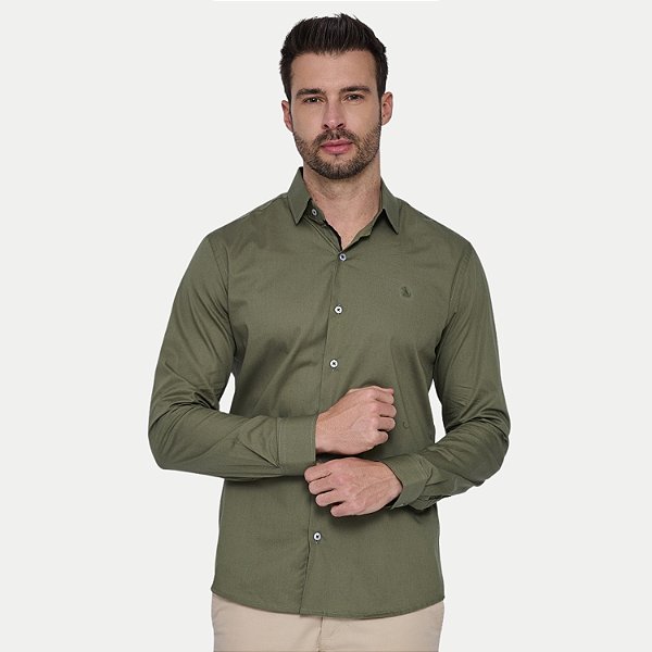 CAMISA AMIL MANGA LONGA SLIM ALGODÃO LISA VERDE MASCULINO ADULTO