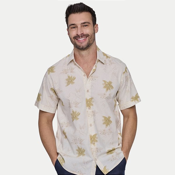 CAMISA AMIL MANGA CURTA COMFORT LINHO ESTAMPADA BEGE MASCULINO ADULTO