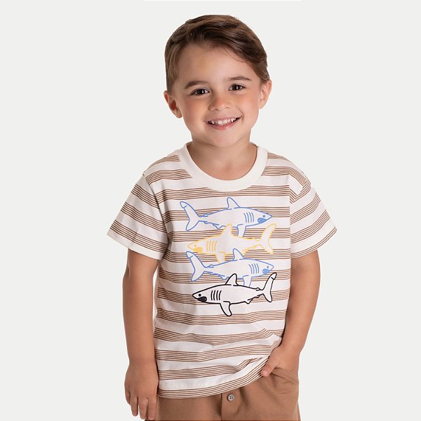 CAMISETA RANDA MUNDU MANGA CURTA COMFORT ALGODÃO LISTRADA BEGE MASCULINA INFANTIL