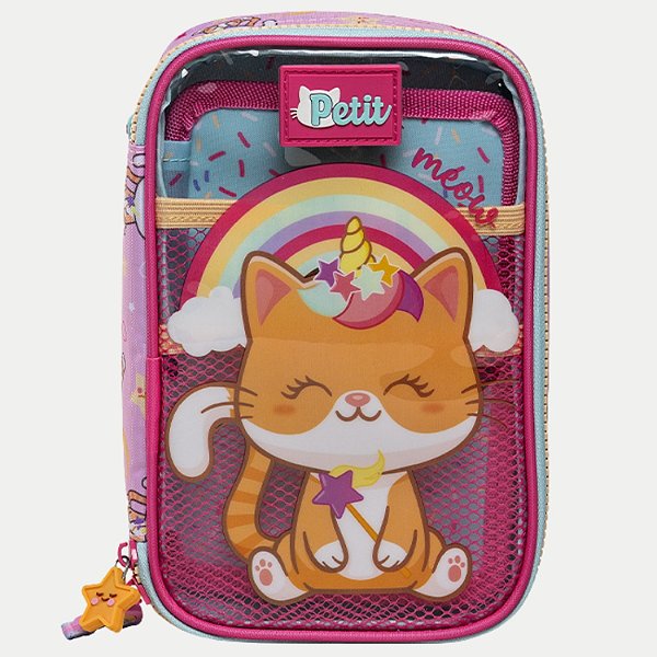 ESTOJO XERYUS TWEEN GATO CONFETTI 1 ZÍPER ROSA FEMININO