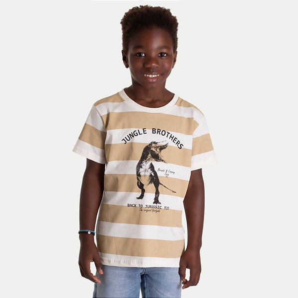CAMISETA RANDA MUNDU MANGA CURTA COMFORT ALGODÃO LISTRADA BEGE MASCULINA INFANTIL