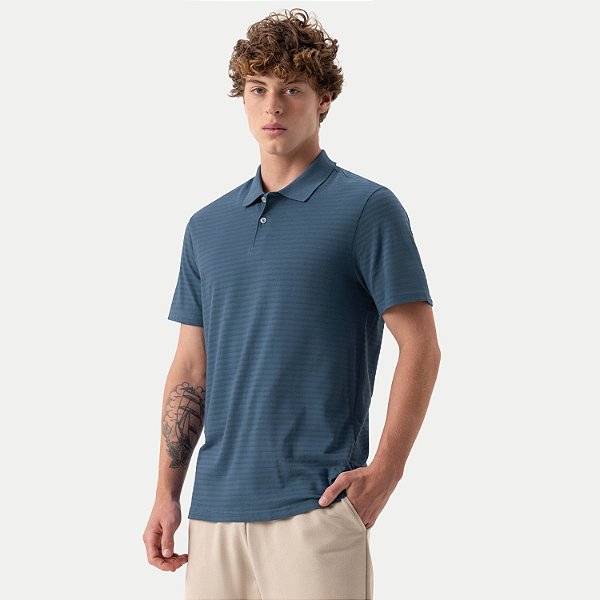 POLO FICO MANGA CURTA COMFORT MALHA CANELADA AZUL MASCULINO ADULTO