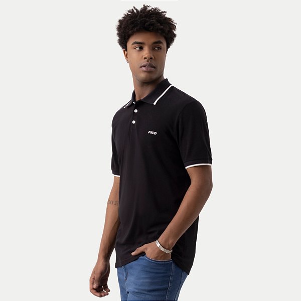 POLO FICO MANGA CURTA COMFORT PIQUET COM VIVO PRETO MASCULINA ADULTO