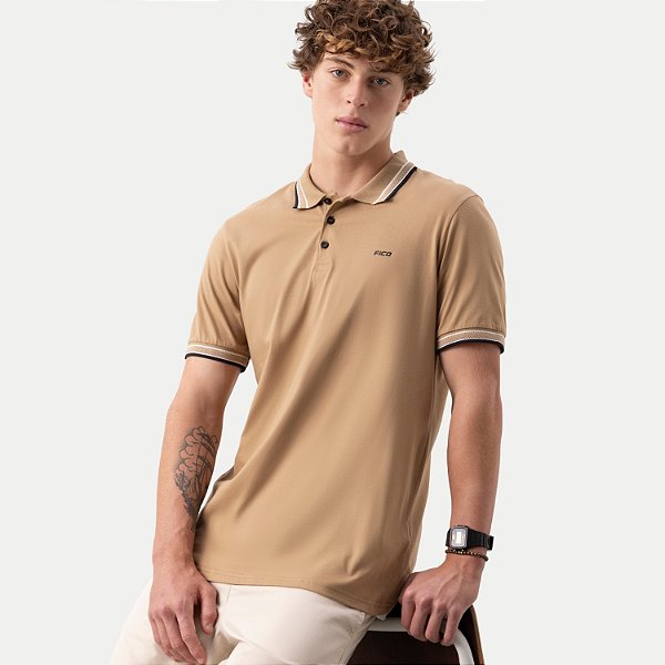 POLO FICO MANGA CURTA COMFORT MALHA COM VIVO BEGE MASCULINA ADULTO