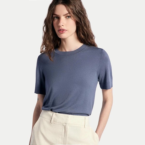 BLUSA HERING MANGA CURTA VISCOSE E POLIAMIDA TRICO AZUL FEMININO ADULTO