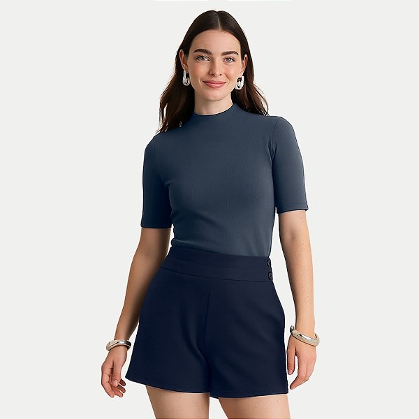 BLUSA LUNENDER MANGA CURTA MALHA CANELADA AZUL MARINHO FEMININO ADULTO
