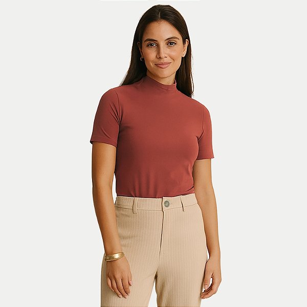 BLUSA LUNENDER MANGA CURTA VISCOLYCRA GOLA ALTA TERRACOTA FEMININO ADULTO