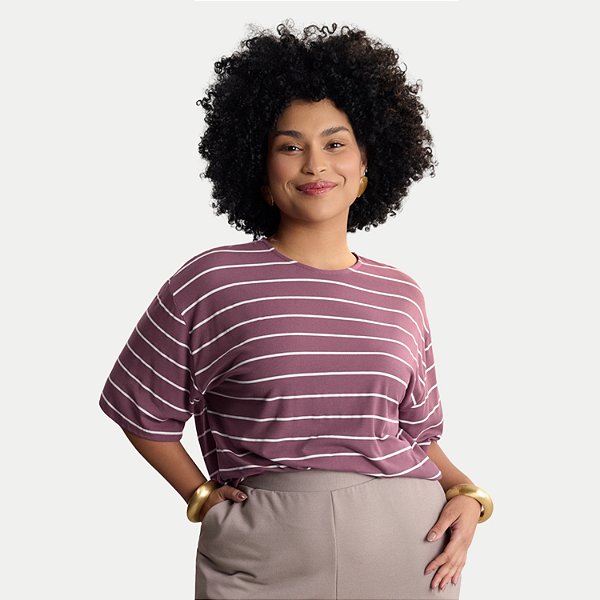 BLUSA LUNENDER MANGA CURTA MALHA CANELADA LISTRADA BORDÔ FEMININO ADULTO