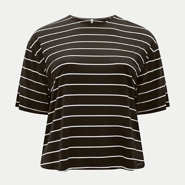 BLUSA LUNENDER MANGA CURTA MALHA CANELADA LISTRADA MARROM FEMININO ADULTO