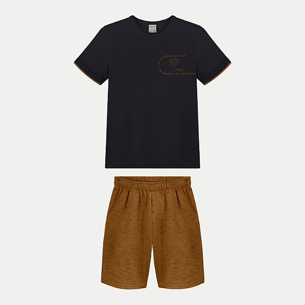 CONJUNTO VERÃO ALAKAZOO BERMUDA E CAMISETA MALHA PRETO MASCULINO INFANTIL
