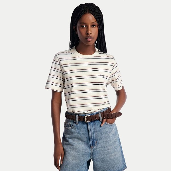 BLUSA HERING MANGA CURTA T-SHIRT ALGODÃO LISTRADA OFFWHITE FEMININO ADULTO