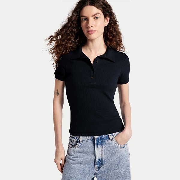 BLUSA HERING MANGA CURTA POLO MALHA CANELADA PRETO FEMININO ADULTO