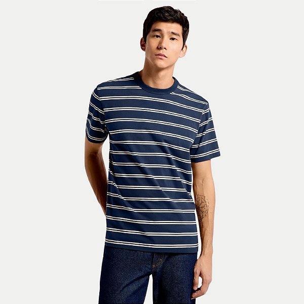CAMISETA HERING MANGA CURTA COMFORT ALGODÃO LISTRADA AZUL MARINHO MASCULINO ADULTO
