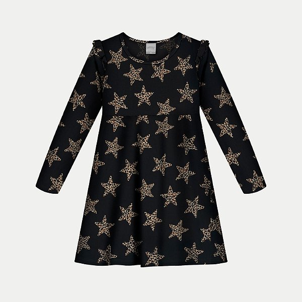 VESTIDO ALAKAZOO MANGA LONGA MALHA ESTAMPADA PRETO FEMININO INFANTIL