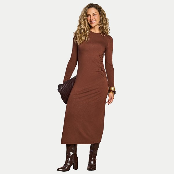 VESTIDO DOCE TRAMA MANGA LONGA MOLETINHO CAFÉ FEMININI ADULTO